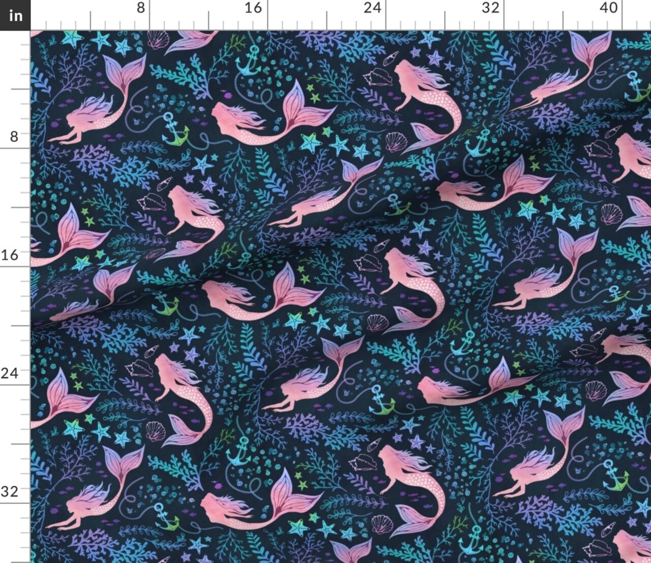 Whimsical Fantasy Starfish Mythical Nautical Shells Coastal Novelty Kids Playroom Sea Ocean Mermaids Seaweed Scales Fish Kelp Tail Fins Ocean Custom Printed Fabric by Spoonflower Various Fabrics by the Yard or Fat Quarter 13286889